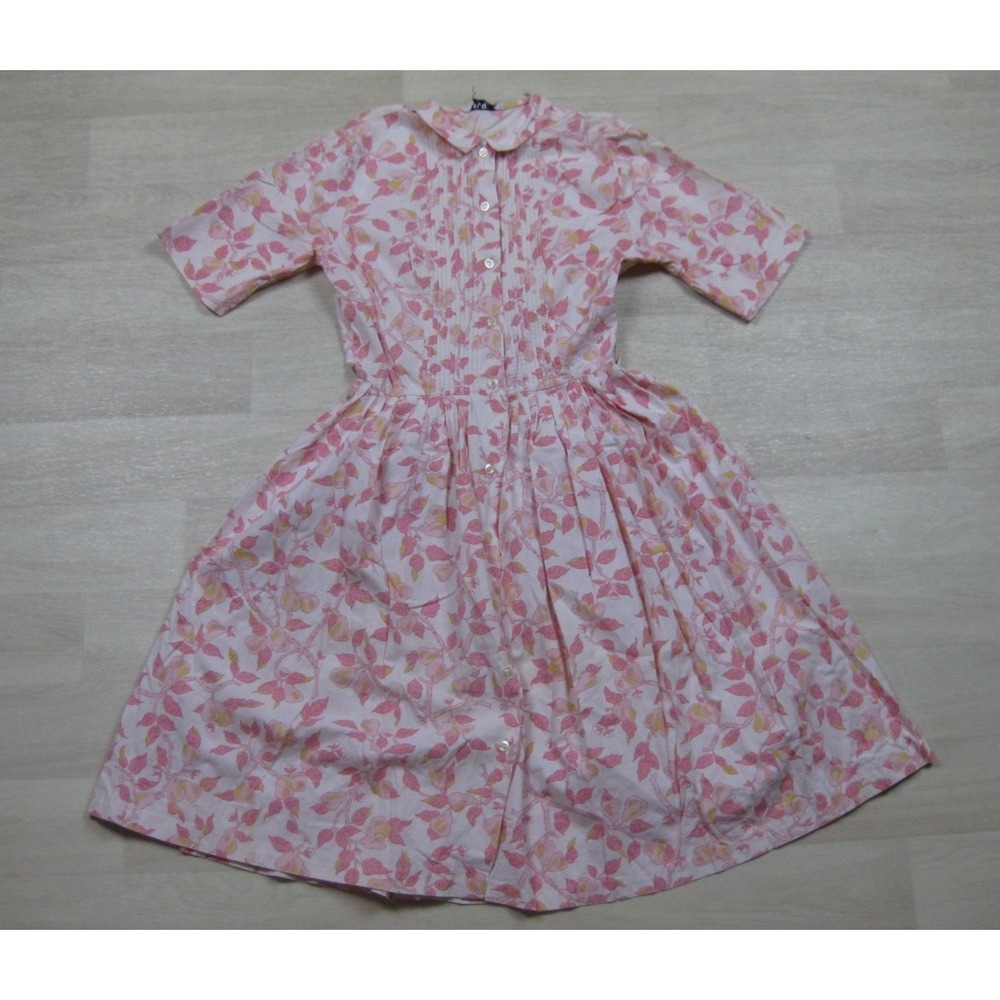 Vintage 50s Shirtwaist Day Dress (XS) Avril Wash 'N Wear Rayon Cotton Pink Pears